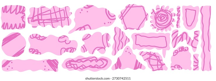 Recorta formas geométricas orgánicas con bordes ondulados. Rectángulo Abstractas, Formas ovaladas para texto y rótulos con texturas doodle. Vector Elementos de diseño femeninos con bordes irregulares. Burbujas de discurso promocional.