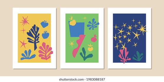 Cutouts poster isolated. Trendy Matisse inspired style. Retro, vintage. Contemporary paper cut outs form. Set collection. Vector hand drawn artwork. Blue, pink, red, beige, green, yellow bright color
