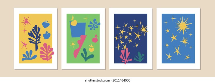 Cutouts poster isolated. Trendy Matisse inspired style. Retro, vintage. Contemporary paper cut outs form. Set collection. Vector hand drawn artwork. Blue, pink, red, beige, green, yellow bright color