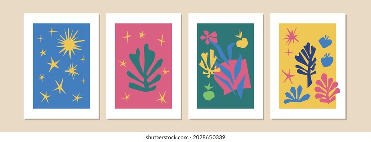 Cutouts poster isolated. Trendy Matisse inspired style. Retro, vintage. Contemporary paper cut outs form. Set collection. Vector hand drawn artwork. Blue, pink, red, beige, green, yellow bright color