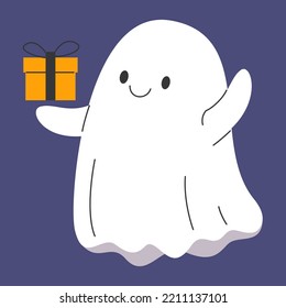 Cutre And Funny Ghost Holding A Halloween Gift. Vector Illustration Of A Fantasy Character With An Orange Present. Suprise For October Holiday.