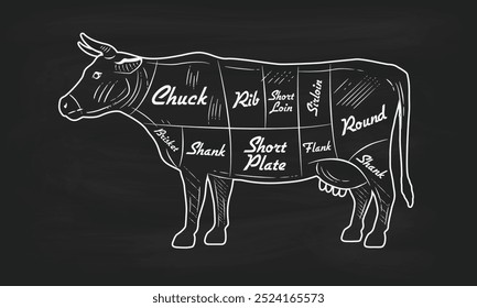 Pedaços de carne de bovino. Cortes de carne de bovino. Diagrama guia do açougueiro. Cartaz vintage para açougue, loja de carne, supermercado, restaurante. Ilustração vetorial