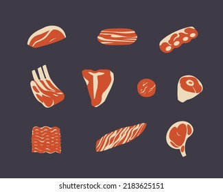 Cuts of beef, meat vector icons, steaks and ribs, ground beef and filet mignon