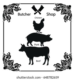 Cuts of beef, pork and chicken. Vector vintage monochrome illustration on a white background.