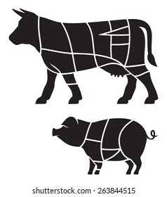 Cuts of beef and Pork meat cuts vector illustration