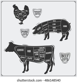 Cuts of meat. Chicken, pork and beef. Vintage style.