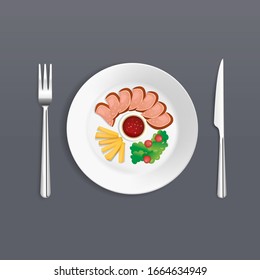 cuts of meat and french fries. Various food dishes. Dishes vector illustration. Thies piece of meat is cooked half as well. These nonfat filings are particularly suitable for diet, cz low in calories.
