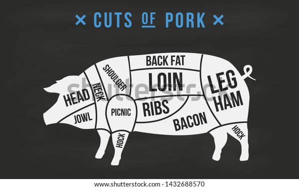 Cuts of meat. Pork cuts. Butcher\'s guide\
diagram. Vintage poster for butcher shop, meat shop, grocery store,\
restaurant. Vector\
illustration