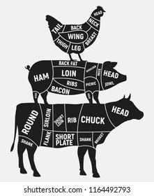 Cuts of meat set. Vintage Poster for butcher shop. Cuts of Beef, Pork, Chicken. Vector illustration.