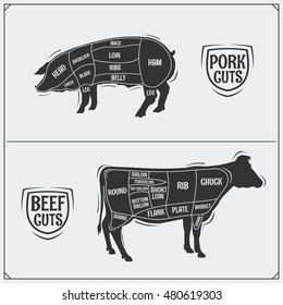 Cuts of pork and beef. American method. Vector monochrome illustration. Vintage style.