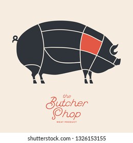 Cuts of pork. Poster design for butcher shop, farmer market. Vector illustration.