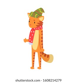 Cuts Tiger Wearing Knitted Hat and Scarf, Humanized Forest Animal Character in Winter Clothes Cartoon Vector illustration
