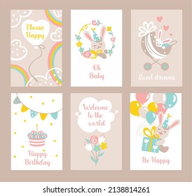 Cutte bunny. Happy Birthday Baby. First birthday. Set of greeting cards.