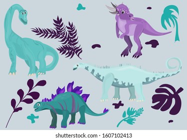 Cutte. Funny cartoon dinosaur icon set vector