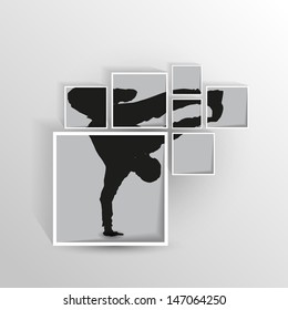 Cutted dancing silhouette in squares on wall. vector illustration