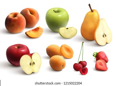 Cutted fruits realistic set including apple pear cherry peach apricot strawberry isolated vector illustration