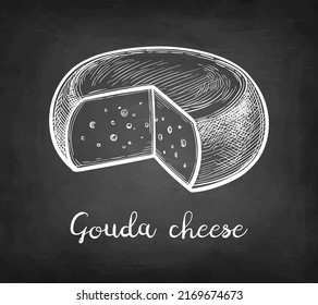 Cutted Gouda Cheese Wheel. Chalk Sketch On Blackboard Background. Hand Drawn Vector Illustration. Vintage Style Stroke Drawing.