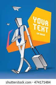 Cutted out of a paper man is going after flight landing with suitcase. Illustration in origami style