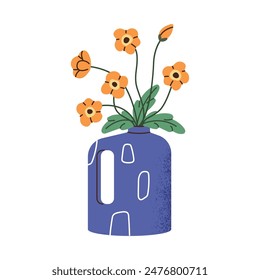 Cutted papaver in modern pot with handle. Bouquet of orange poppy in pottery vase. Wildflowers, meadow flowers, wild bloom plants in interior decoration. Flat isolated vector illustration on white
