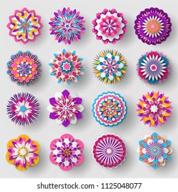 Cutted from paper flowers set color poster, isolated on grey background vector illustration of different plants, pretty decorative buds collection