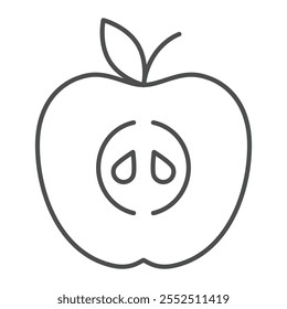 Cutted slice apple thin line icon, fresh fruits concept. Vector graphics. Apple with leaf sign on white background, outline style icon for mobile or web design