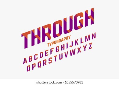 Cutted through font in retro style, alphabet and numbers, vector illustration
