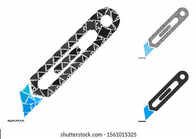 Cutter composition of irregular items in various sizes and color tones, based on cutter icon. Vector unequal items are composed into collage. Cutter icons collage with dotted pattern.