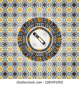 cutter icon inside arabic style emblem. Arabesque decoration.