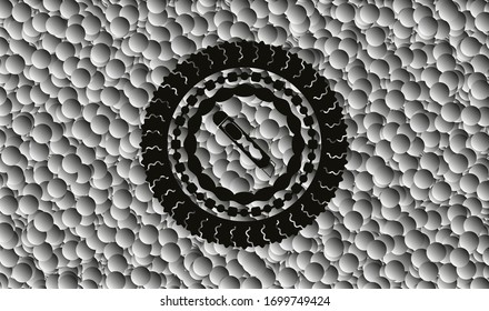 cutter icon inside black emblem with grey bubbles background. Vector Illustration. Detailed.