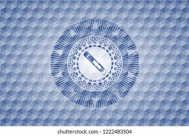 cutter icon inside blue emblem or badge with abstract geometric pattern background.