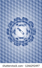 cutter icon inside blue emblem with geometric pattern background.