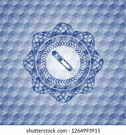 cutter icon inside blue emblem with geometric background.