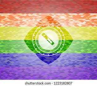 cutter icon inside emblem on mosaic background with the colors of the LGBT flag