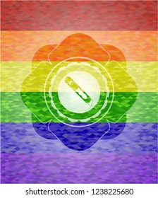 cutter icon inside emblem on mosaic background with the colors of the LGBT flag