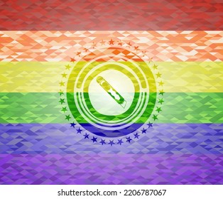 cutter icon inside emblem on mosaic background with the colors of the LGBT flag. 