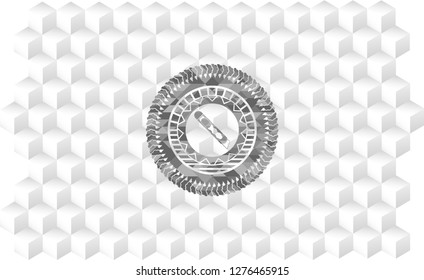cutter icon inside grey emblem. Vintage with geometric cube white background
