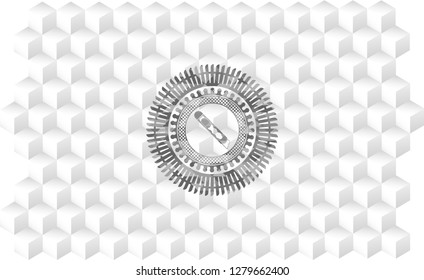 cutter icon inside grey emblem with geometric cube white background