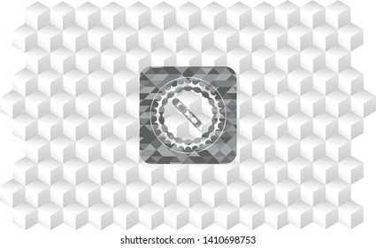 cutter icon inside grey emblem. Retro with geometric cube white background