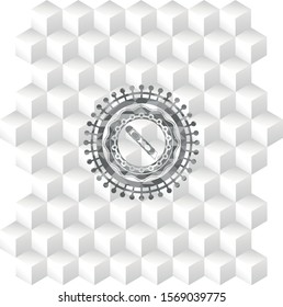 cutter icon inside grey emblem with geometric cube white background