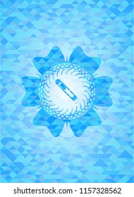 cutter icon inside light blue emblem. Mosaic background