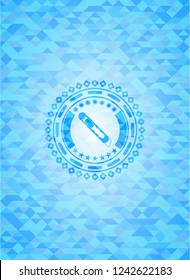 cutter icon inside realistic light blue emblem. Mosaic background