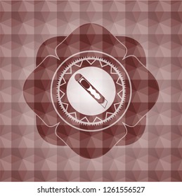 cutter icon inside red emblem with geometric pattern. Seamless.