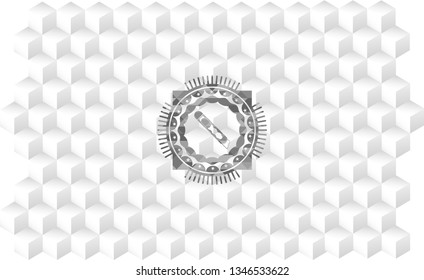 cutter icon inside retro style grey emblem with geometric cube white background