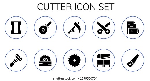 cutter icon set. 10 filled cutter icons.  Collection Of - Sharpener, Razor, Pizza cutter, Saw, Scythe, Scissors, Stationery