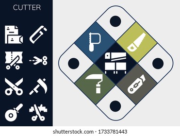 cutter icon set. 13 filled cutter icons.  Simple modern icons such as: Saw, Pizza cutter, Scissors, Scythe, Stationery,