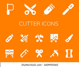 cutter icon set. 14 filled cutter icons.  Simple modern icons such as: Saw, Scissors, Electric razor, Peeler, Guillotine, Cutter, Scythe, Sharpener