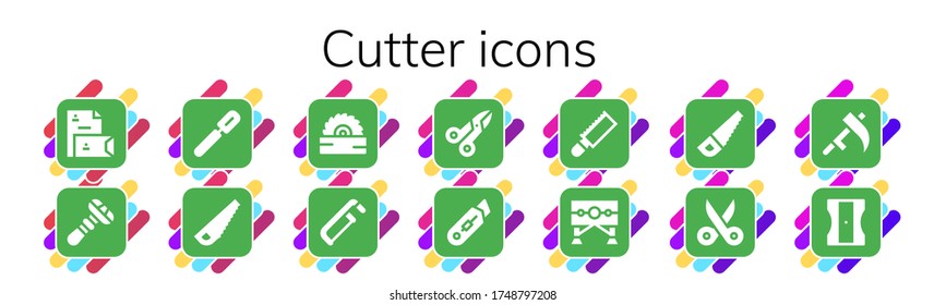 Cutter-Icon-Set. 14 gefüllte Cutter-Symbole. Inklusive Stationerie, Razor, Peeler, Säge, Scheren, Cutter, Guillotine, Scythe, Scharpensymbole