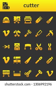 cutter icon set. 26 filled cutter icons.  Simple modern icons about  - Saw, Stationery, Scissors, Guillotine, Electric razor, Vimeo, Razor, Scythe, Sharpener, Peeler, Cutter