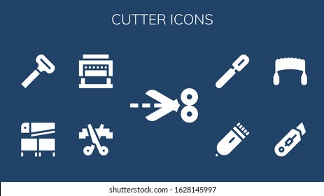 cutter icon set. 9 filled cutter icons. Included Scissors, Guillotine, Saw, Razor, Cutter, Electric razor, Peeler icons
