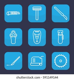 cutter icon. Set of 9 outline cutter icons such as electric razor, razor, lawn mower, blade saw, scalpel